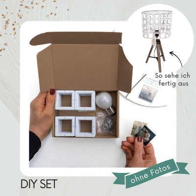 Fotolampe Express DIY Set Inhalt Box Diarahmen Glühbirne Lampenfuß Heni Holz Dreibein