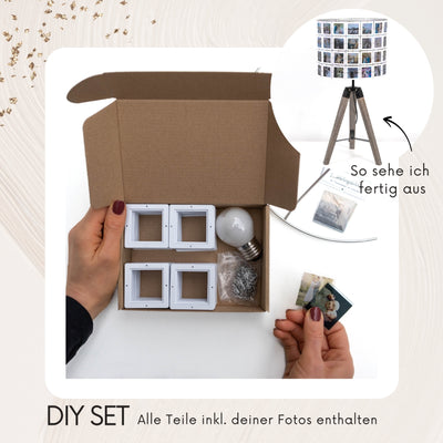 DIY Set Bausatz für Diarahmen Fotolampe Henri mit Dreibein Holz Lampenfuß mit allem Zubehör und weißen Rahmen